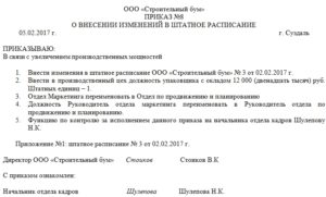 Внесение изменений в штатное расписание добавление штатной единицы приказ