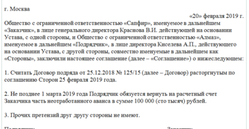 Соглашение о расторжении договора подряда и возврате аванса