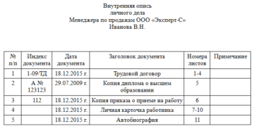 Опись документов в личном деле работника образец